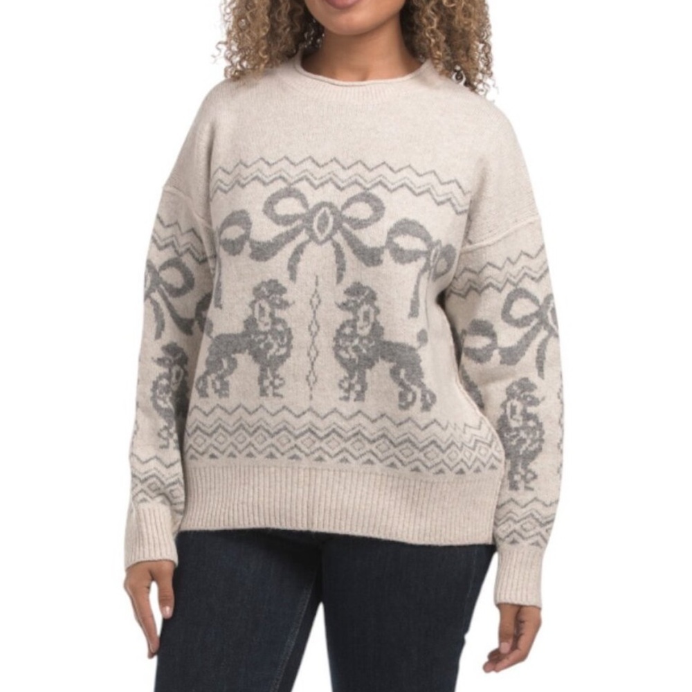 Moon River Gray Bow Poodle Oversized Crewneck Sweater NWOT - Picture 1 of 7
